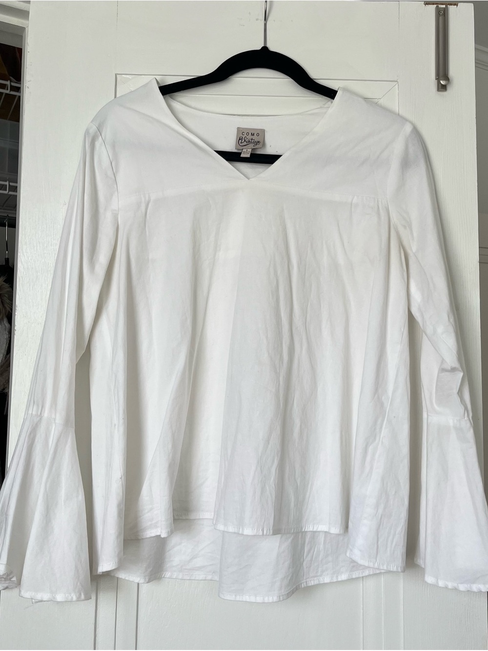 Como Vintage White V-Neck Bell Sleeve Blouse